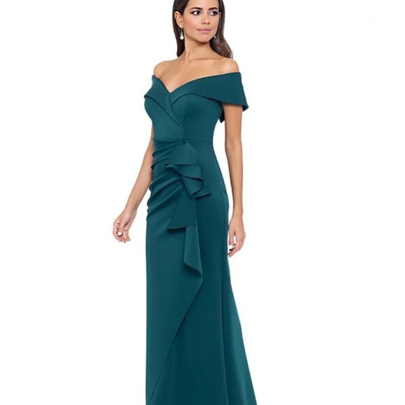XSCAPE Petite Off-The-Shoulder Ruffle Gown Hunter Size 16P - Picture 1 of 4